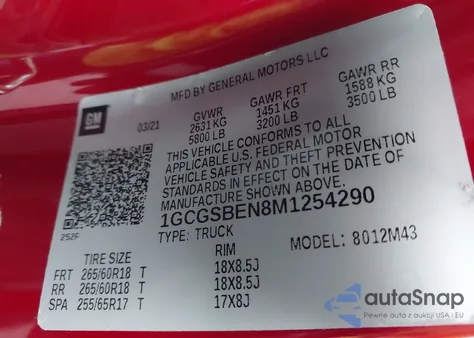 2021 Chevrolet Colorado 2Wd Short Box Wt z USA, uszkodzony, nr VIN 1GCGSBEN8M1254290